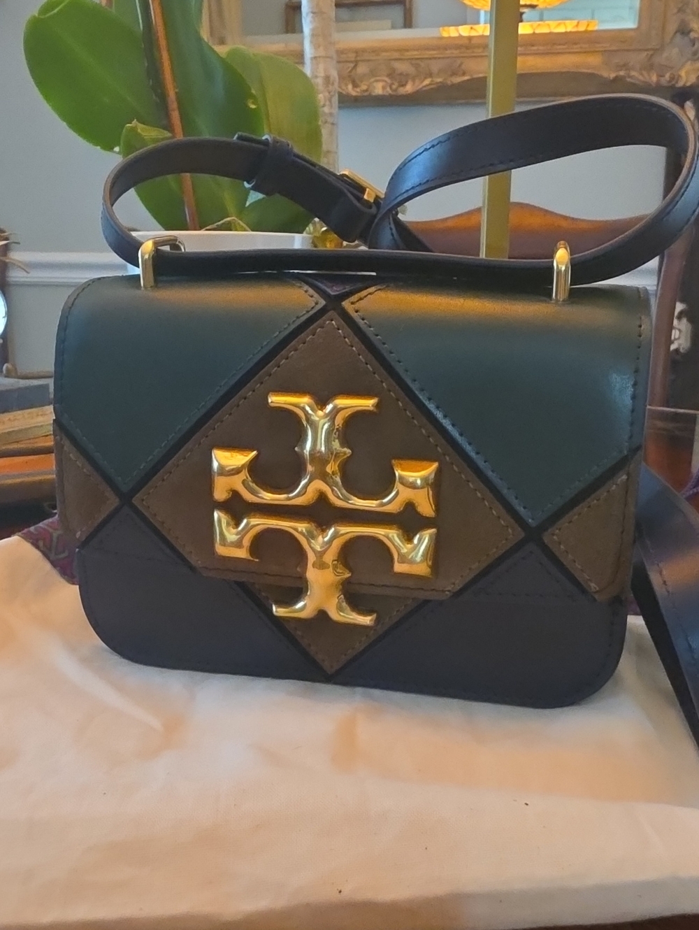 Tory Burch Eleanor Diamond Quilted Shoulder Bag Dark Green & Brown NWOT $748